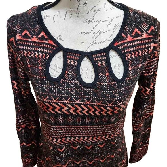 Aryeh Red & Black Patterned Sweater Dress with Cutout Neckline- Size Medium - Picture 3 of 7